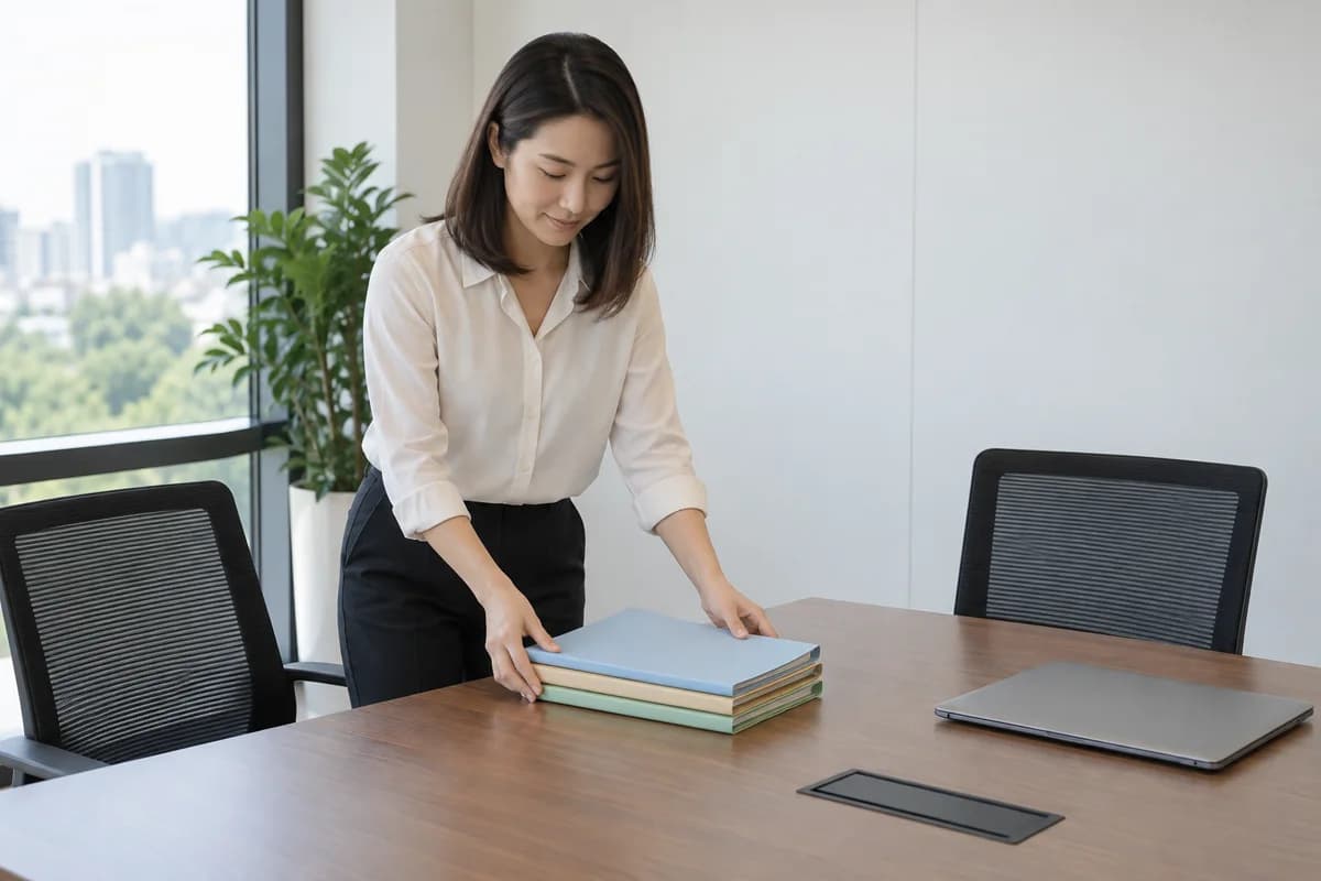 Một phụ nữ đang xếp ba tập tài liệu trên bàn họp; hai ghế trống và một máy tính xách tay đóng nằm gần đó.