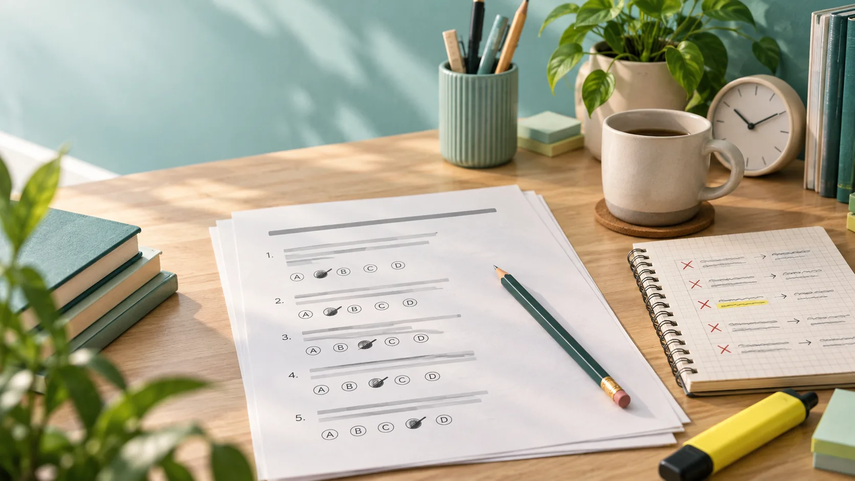 Bàn học với phiếu Reading, sổ ghi lỗi, bút và đồng hồ