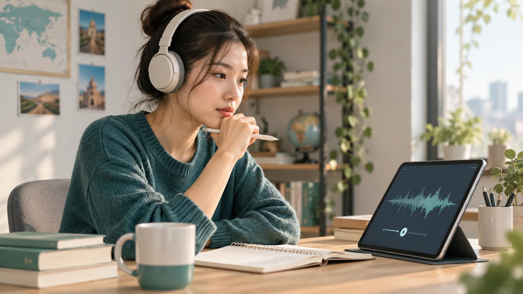 Người học đeo tai nghe luyện phản hồi câu hỏi trong TOEIC Listening Part 2